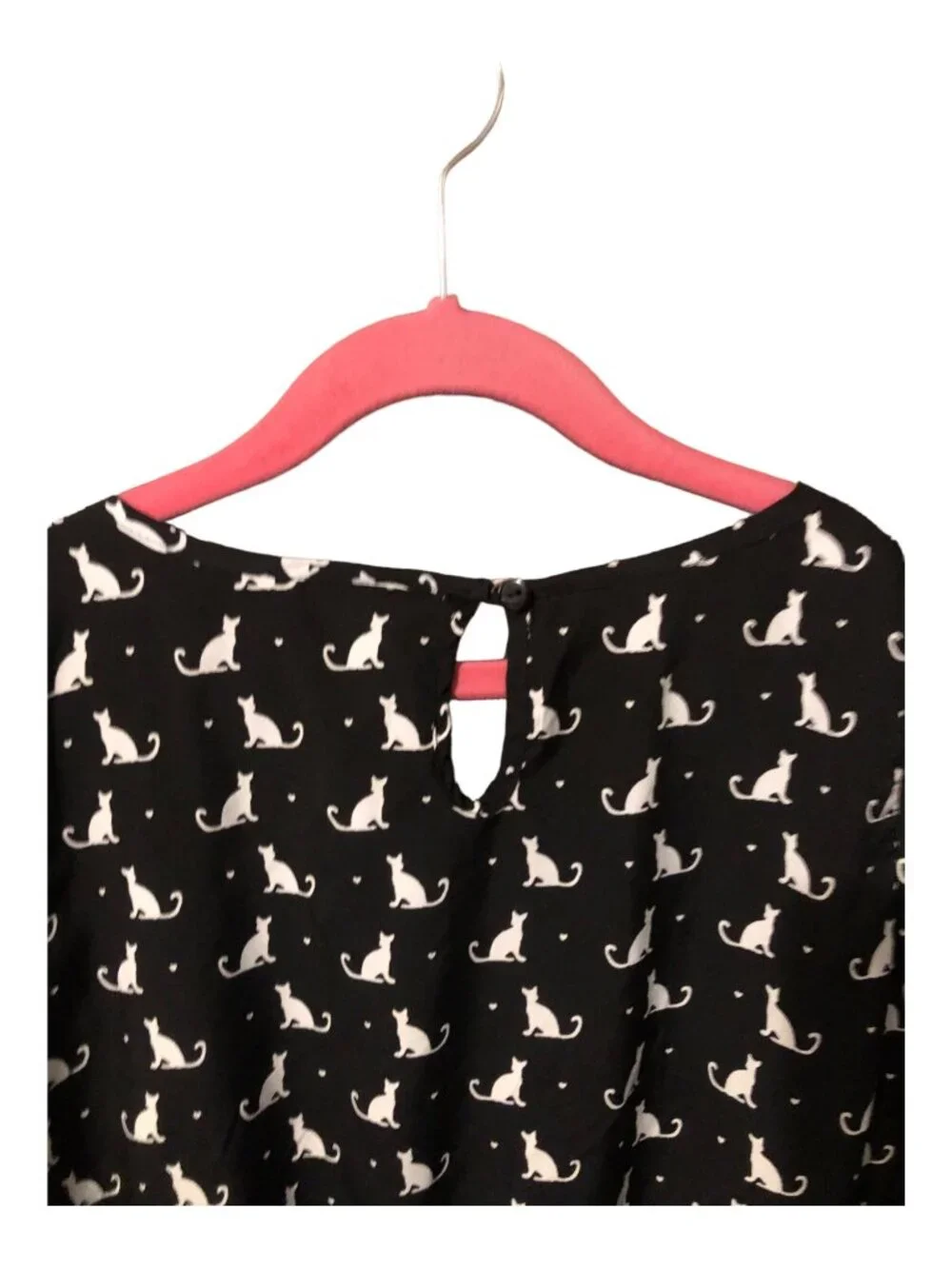 White Cat Print Black Short Sleeve Sun Dress Accent Bow Pockets Sz XL (14-6)